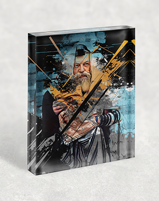 ציור גרפיטי צבעוני של הרבי מליובאוויטש מחזיק ספר תורה על בלוק