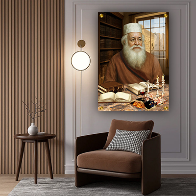 ציור של הרב מרדכי שרעבי יושב סביב שולחן שבת ע