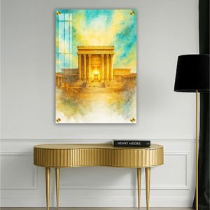 8034 – תמונה בסגנון צבעי מים של בית המקדש בגווני טורקיז וזהב על זכוכית או קנבס