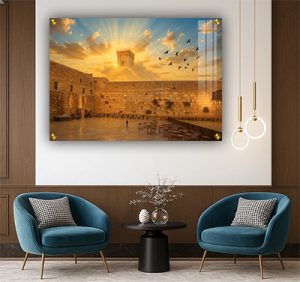8524 – ציור של הכותל המערבי בשקיעה עם בית המקדש בשמיים להדפסה