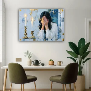3040 – ציור אמנותי של אישה מדליקה נרות שבת על קנבס או זכוכית