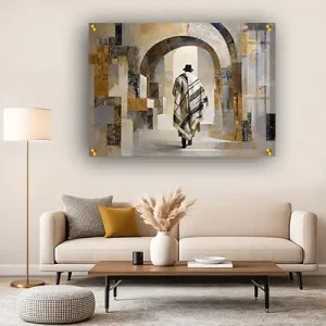 3808 – ציור אבסטרקט של חסיד הולך בתוך חומות ירושלים על קנבס או זכוכית