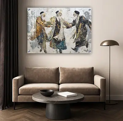 ציור צבעוני של חסידים מבוגרים רוקדים בסגנון אבסטרקט