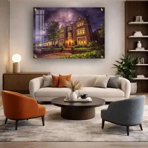 941 – ציור דיגיטלי של מבנה 770 חב"ד בשעת ערב על קנבס או זכוכית