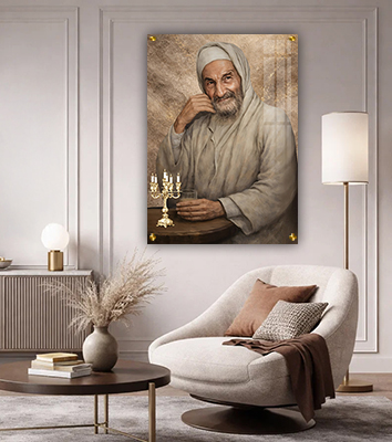 ציור ריאליסטי של הבבא סאלי רבי ישראל אבוחצירא עם נרות על רקע שיש חום