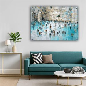 8544 – ציור מודרני של הכותל בגווני לבן וטורקיז על קנבס או זכוכית