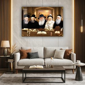 944 – תמונה של שושלת אדמורי חב"ד עם הרבי יושבים סביב שולחן על קנבס או זכוכית