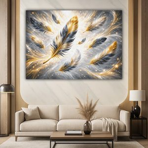 AB-191 – תמונה לבית של נוצות בזהב ואפור להדפסה על זכוכית או קנבס