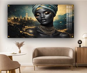 W-6 – ציור מודרני של אישה עם נגיעות זהב על זכוכית או קנבס