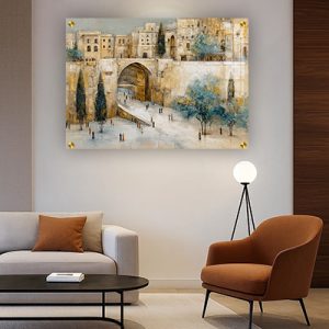 3504 – ציור בסגנון צבע מים של חומות ירושלים על קנבס, זכוכית או פרספקס