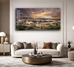 3589 – תמונה מעוצבת של חומות ירושלים בשקיעה על קנבס או זכוכית