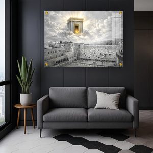 8554 – תמונה של הכותל עם בית המקדש בגווני אפור לבן וזהב על קנבס או זכוכית