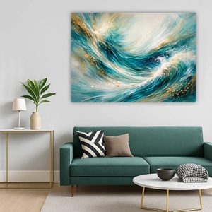 AB-199 תמונת אבסטרקט יוקרתית בגווני טורקיז, לבן וזהב על קנבס או זכוכית