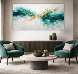 AB-218 תמונת אבסטרקט מופשטת עם גווני טורקיז וזהב לבית או למשרד