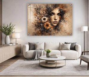 W-11 – ציור של בחורה על רקע פרחוני להדפסה על קנבס או זכוכית