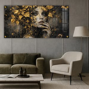 W-19 –  תמונה מודרנית של אישה עם עלי זהב על קנבס או זכוכית