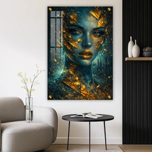 W-38 – תמונה מודרנית של בחורה ברקע טורקיז וזהב על קנבס או זכוכית