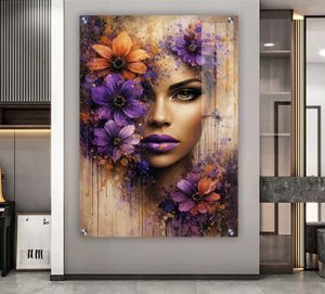 W-46 –  תמונה של אישה עם פרחים בסגול להדפסה על קנבס או זכוכית