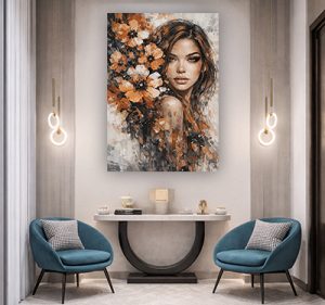 W-48 – ציור מודרני של בחורה ברקע עם פרחים על קנבס או זכוכית