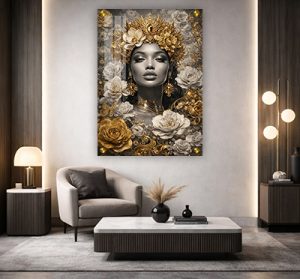 W-50 – ציור של בחורה מוקפת בפרחים בלבן וזהב על קנבס או זכוכית