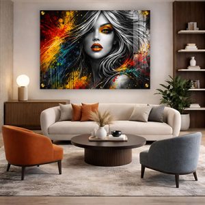 W-52 – תמונה של בחורה ברקע צבעוני ומודרני להדפסה על קנבס או זכוכית