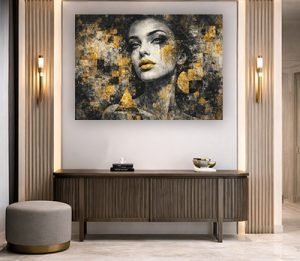 W-53 – תמונה של בחורה ברקע אפור וזהב להדפסה על קנבס או זכוכית