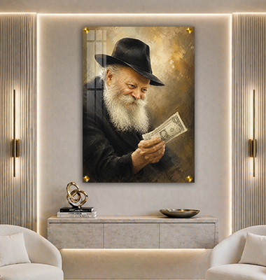 ציור של הרבי מליובאוויטש מחייך ומחזיק שטר של דולר