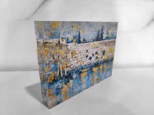 8545 – ציור מודרני של הכותל בגווני זהב וטורקיז על בלוק אקרילי