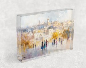 3587 – ציור בסגנון צבעי מים של ירושלים של על בלוק אקרילי