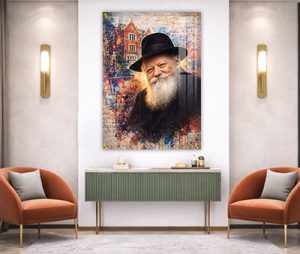 616 – ציור מודרני של הרבי מליובאוויטש מחייך על רקע מבנה 770 בסגנון גרפיטי