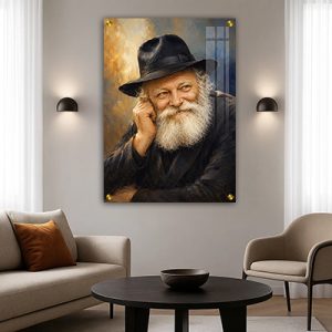 948 – ציור מודרני של הרבי מלובביץ' מחייך על קנבס או זכוכית