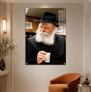 174 – תמונה של הרבי מלובביץ' מחזיק כוס ברכה על זכוכית או קנבס