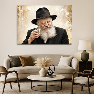 ציור של הרבי מליובאוויטש מחייך ומרים לחיים