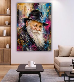 960 – ציור גרפיטי צבעוני של הרבי מלובביץ' על קנבס, זכוכית או פרספקס