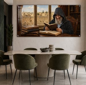 1308 – ציור של רבי אלעזר אבוחצירא מחייך ומתפלל בחדר על רקע ירושלים